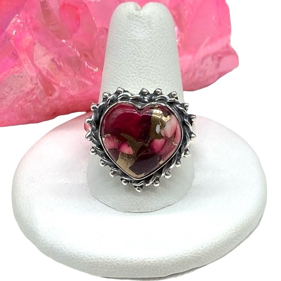 Red Rose Dahlia Kingman Turquoise Heart Ring Size 10 Solid 925 Sterling Silver - Picture 7 of 7